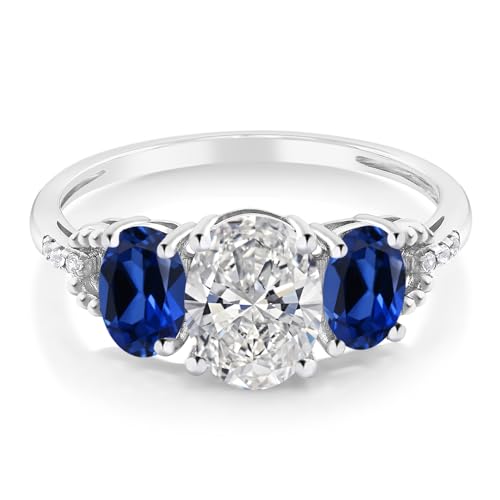 10K White Gold White IGI Certified Lab Grown Diamond and Blue Created Sapphire 3-Stone Engagement Ring For Women | 2.76 Cttw | Center 1.5 Ct Diamond | E-F Color VS1-VS2 Clarity | Available in Size 53