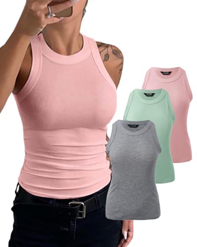 CHICME Women's 3 Pack Tank Tops Ribbed Racerback Cami Shirts Pi Gr Ga-L