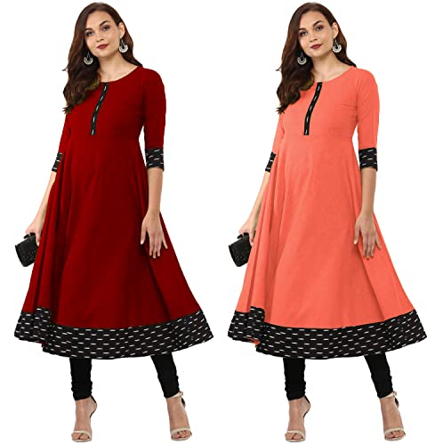 Image of NATEK Plain Cotton Everyday Wear Anarkali Top Kurtas for Ladies Women - Combo Sets of 2 Maroon, Peach Colour XX-Large Size