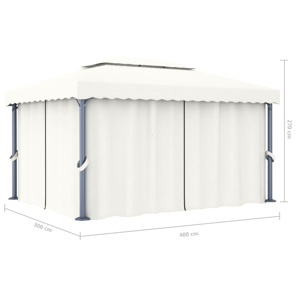 Pawilon z zasłoną, 4 x 3 m, kremowo-biały, aluminiowy namiot ogrodowy z odpornym na promieniowanie UV dachem poliestrowym i moskitierą, na taras, do ogrodu, na kemping, do użytku na zewnątrz