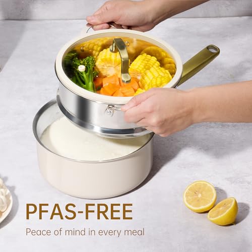 Image of CAROTE 1.5Qt & 3.0Qt Stainless Steel Saucepan Set with Steamer & Ladle, Non-Toxic 3-Ply Pot with Lids, Small Pots for Cooking, Oven Safe, Induction Compatible Cookware