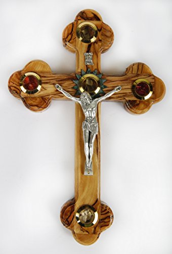 Olive Wood Crucifix/Wall Cross Adorned with Olive Leaves,Frankincense,Flowers and Stones from Jerusalem. Hand Crafted in Bethlehem.Ideal Religious Gift for Christmas or Any Other Christian Holiday.