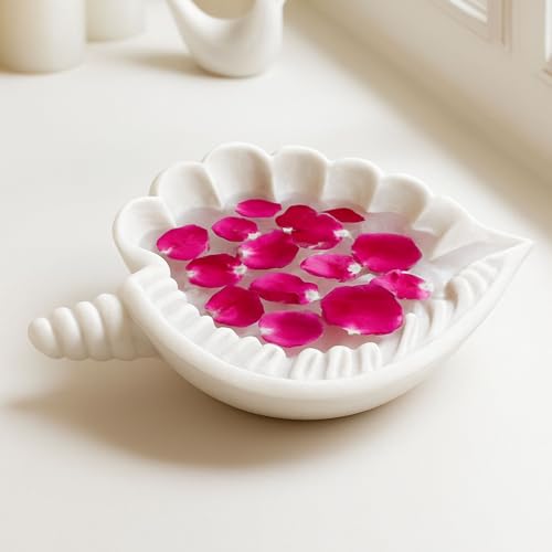 Image of Marble Urli Bowl for Decoration | Big Potpourri Decorative Bowls in Home decor | Large White Floating Flower Plates of Stone | Small Shape puja Item | (15 inch, Shankh)
