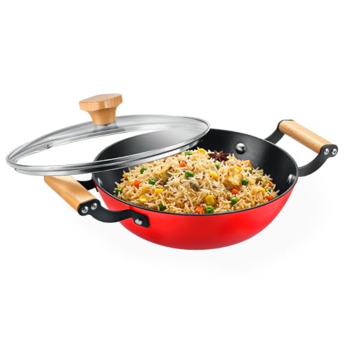 Image of Prestige Castlite Enamel Coated Cast Iron Kadai 24cm / 2.3L with Glass Lid | Lightweight, High Heat Retention | Gas & Induction Compatible | Low-Oil Cooking | Wooden Handles | Easy Clean |15Y Warranty