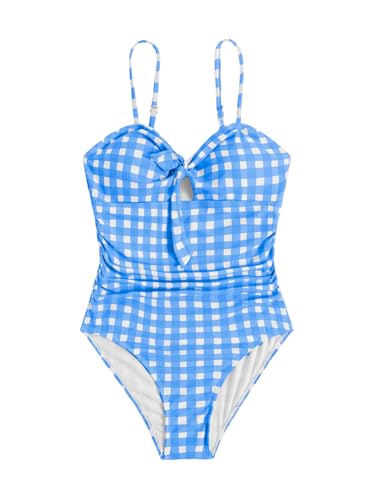 Image of Floerns Girl's Gingham Print Ruched Cut Out Knot Front One Piece Swimsuit