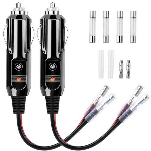2pcs Conector Mechero Coche Macho 12V/24V, Enchufe Mechero Coche con Fusible de Seguridad 15A e Indicador LED, Encendedor de Cigarrillos Plug 16AWG, Cable Conector Macho con Conectores Rápidos(15cm)