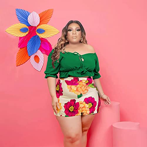 Image of Women Plus Size Skirt Two Piece Outfit Short Sleeve Off The Shoulder Crop Top shorts Dress Suit Set