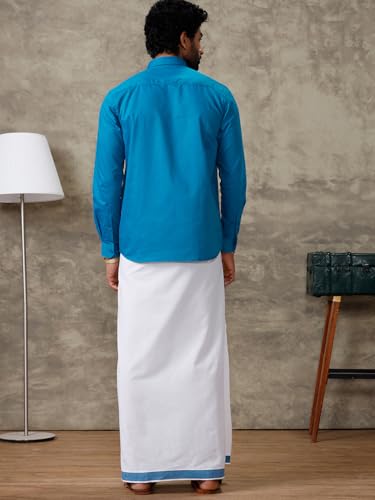 Image of RAMRAJ COTTON Men Full Sleeve Solid Shirt With Matching Border Dhoti|Ideal For Weddings And Occasion