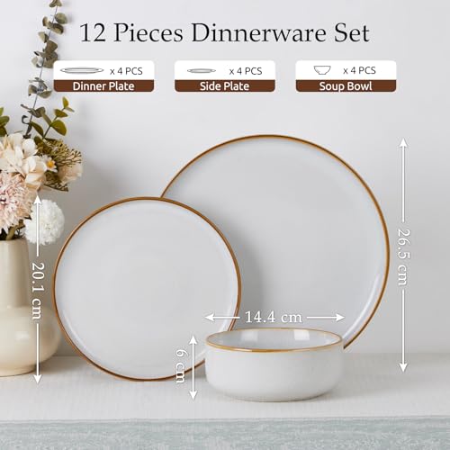 Onader 12 Piece Dinner Set, Reactive Glaze Stoneware Dinnerware for 4 People, Elegant Plates and Bowls Sets for Kitchen Christmas Camping, Scratch Resistant, Microwave & Dishwasher Safe - Daisy Beige - Image 3