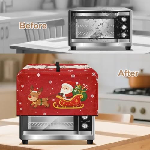 Image of Microwave Cover for Christmas Holiday Decor, Dustproof Small Electrical Appliance Protector Kitchen Decor, L, 20.9 x 15.7 x 12.4 Inches, Santa Claus Reindeer Red Print