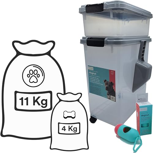 Lista de Contenedor hermetico los 5 mejores. 45 Dognut - 3 Piezas Contenedor Hermético para Alimento de Mascotas, Capacidad 11 y 4 Kgs, con Cuchara Medidora, sin BPA, con llantas para un Fácil Transporte