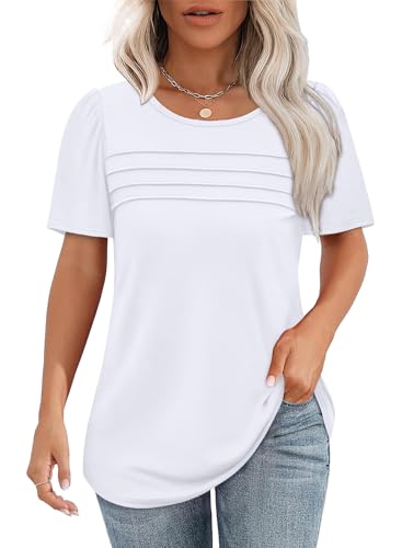 Come vestirsi se si è basse e formose? 10 Chicrise Maglietta Maniche A Sbuffo Donna Plissettato T-Shirt Scollo Rotond Allentate Tunica Elegante Curvy Bianco 2X Large 50-54