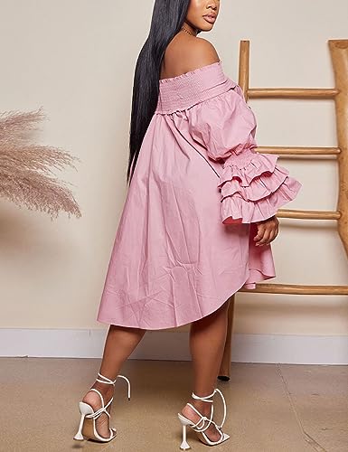Image of WOKANSE Women's Casual Plus Size Shirred Dresses Off Shoulder Bell Sleeves Ruffle Loose Stretchy Neck Midi Dress