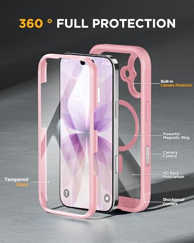 Image of Miracase for iPhone 17 Case 6.3'', Full-Body Military Grade Drop Protection Outdoor Phone case with Built-in Glass Screen &Camera Control,Easy Installation,No Gap,Compatible with MagSafe, Pink