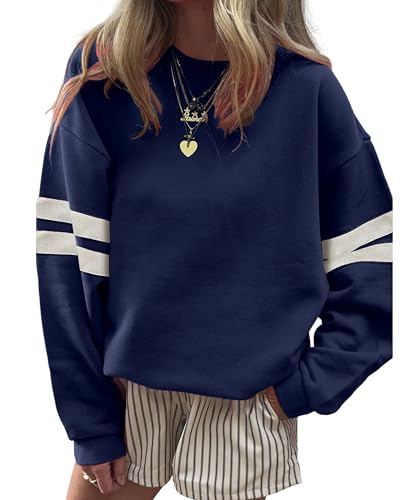 SELINK Womens Varsity Striped Oversized Sweatshirt Crewneck Long Sleeve Casual Fashion Pullover Top Fall Outfits Navy-L