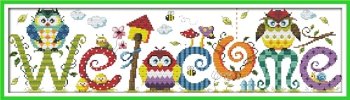 Image of Howie's Needlepoint Cross Stitch Kits, 14CT Pre-Printed Pattern Needlepoint Kits, Full Range of Stamped Starter Kits(The owl Welcome Card,22.83 x 6.8 inch)