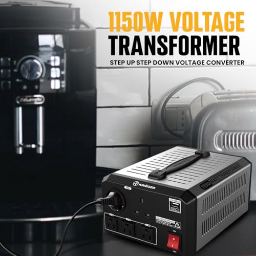 Image of K KRIEGER 1150 Watt Voltage Transformer, 110 /120V to 220 /240V Step Up Step Down Converter with AC Outlets, MET Approved Under UL, CSA