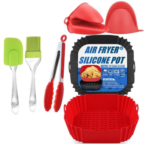 ITUSHA 2 Air Fryer Silicone Liners & 3 Air Fryer Accessories - 7.5 inch (3-5 Qt+) Silicone Baskets/Pots/Liners with Oven Mitts, Basting Brush and Tongs (Multicolour) (P2 with SQ)