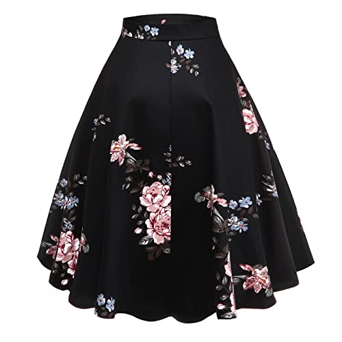 Odizli Skirts for Women UK Summer Ladies Elasticated Waist Vintage 1950s Fancy 1940s Audrey Hepburn 50s Adult A Line Tutu Pleated Skater Midi Skirt Cocktail Swing Dress Plus Size Black Peony XXL - Image 3