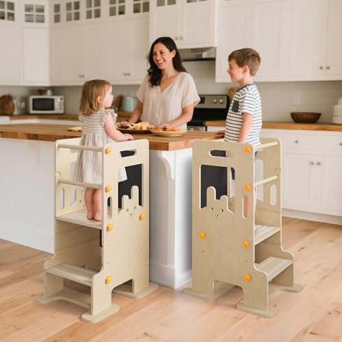 Image of Kids Kitchen Step Stool - Learning Standing Tower with Blackboard, Height Adjustable Safety Rail Stool for Kids, Non-Slip Adjustable Stool for Kitchen, Bathroom