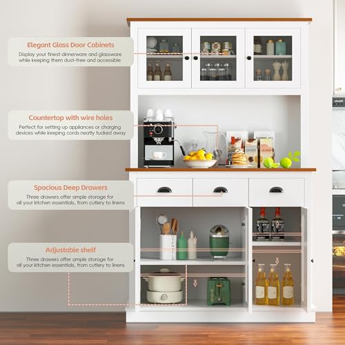 Image of MU 71 inch Kitchen Pantry Cabinet with Charging Station, Tall Kitchen Hutch with Countertop, Drawers & Microwave Shelf, Food Storage Cabinet, White