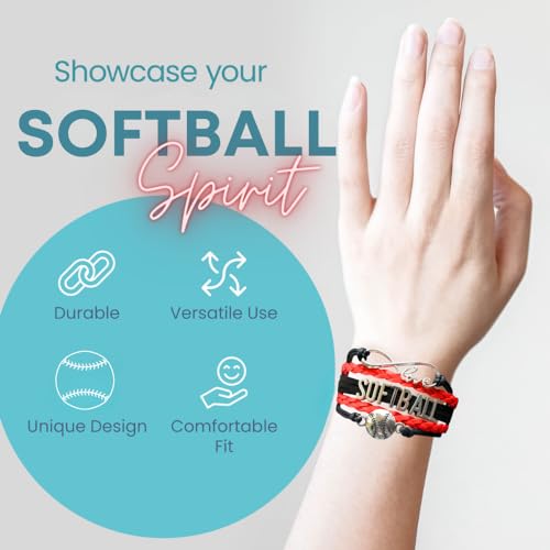 Softball Charm Bracelet (Black/Red) Bracelets, Adjustable Bracelet with Softball Charm. Braided Bracelets for Softball Players, Softball Team, and Coaches - by SPORTYBELLA2