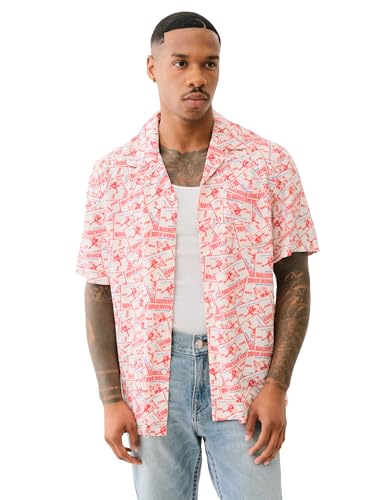 True Religion Men's Camp Collar Shirt - Red/Blue/Natural | Short Sleeve Fit Button-Up