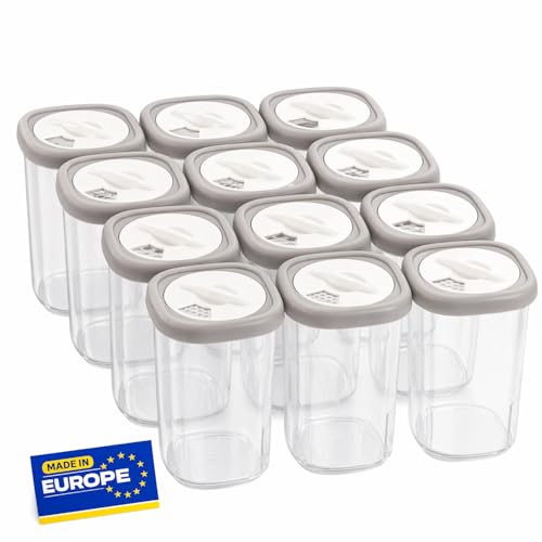 IDOBY 12er Set Gewürzbox aus Kunststoff, Transparente Gewürzdose, BPA-Freiem Kunststoff Camping Gewürzbox, Küche Salz- und Pfefferstreuer Gewürzdosen für Aufbewahrung Gewürze (transparente)
