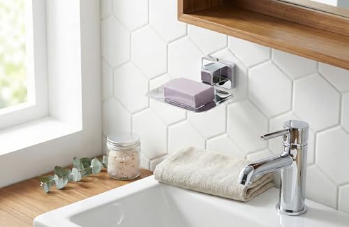 Image of EASYHOME FURNISH Premium Stainless Steel Soap Dish Holder for Bathroom & Kitchen - Wall Mounted Square Soap Stand with Chrome Finish - Rust Proof, Anti-Corrosion Heavy Duty Soap Case Saver