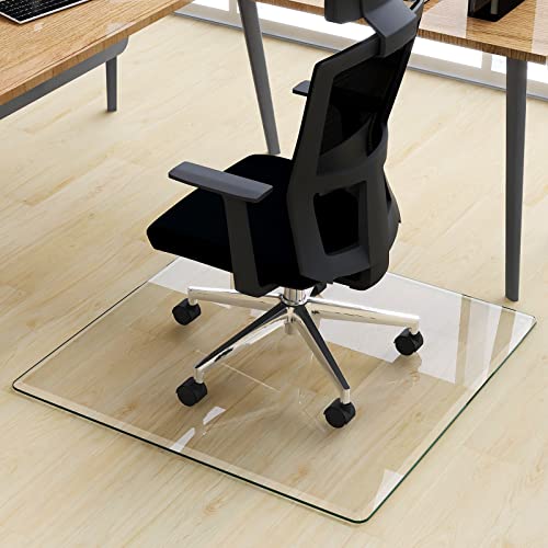 Poshions Tapis de chaise en verre trempé 91 x 91 cm - 5 mm d'épaisseur - Tapis de protection du sol - Carré transparent - Pour chaise de bureau et maison Cover