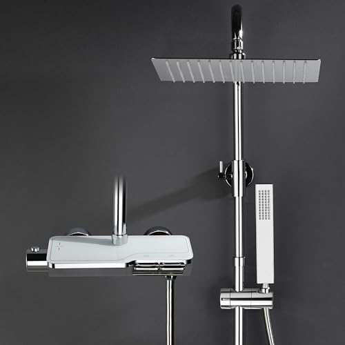 Görbach Columna de ducha de lluvia con Grifo Termostatico, Juegos de grifería de Altura Ajustable en Acero inoxidable con Mezclador, Cabezal ducha, alcachofa de mano cromada (2525CP)