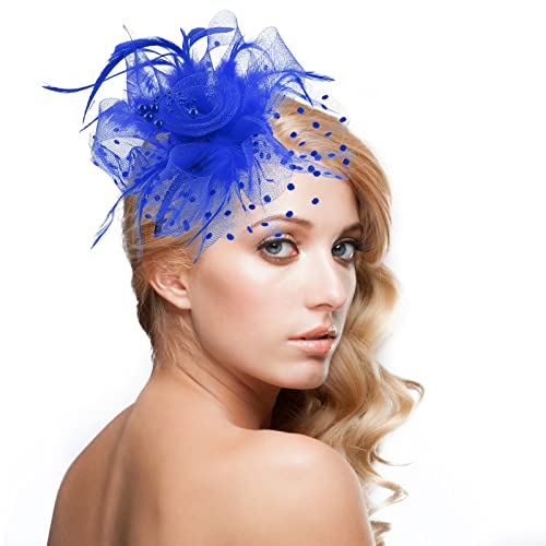 Sibba Women's Fascinator Hat Flower, Mesh Feathers Headband, Tea Party Clip Headpiece, Hair Accessories For Party Church Wedding For Women Girls, Blue #TOP3