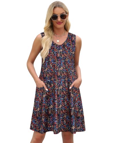 Image of Womens Summer Dresses Casual V Neck Sleeveless Pockets Beach Loose Sundress | 2026 Loose Tank Sun dres with pockets, Casual Beach Cover Up, Fashion Vacation Outfits, Tshirt Floral Boho A-Line Flow Dress