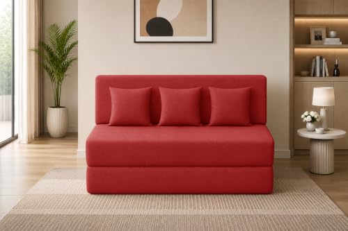 Image of Los Angeles Foldable Three Seater Sofa Cum Bed, Sofa Bed 5 X 6 Feet Jute Fabric Washable Cover- Including Cushion Perfect for Living Room - Red Color