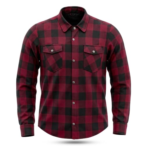 Leatherick Chemise Moto Homme en Flanelle CE Niveau 2 - Chemise de Moto Renforcée en Kevlar avec Protections et 8 Poches (FR/ES, Alpha/Lettres, 5TG, Taille Normale, Taille Normale, Rouge/Noir)