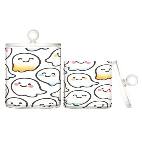 BOESI Bathroom Organizer Set of 2, Cotton Swab Caddy with Lid Dispenser, Cute Halloween Ghost