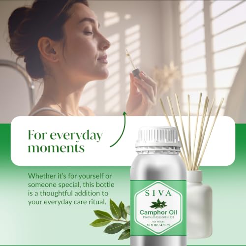 Image of Siva Camphor Essential Oil, Huge Bottle, Large Size, 16 Fl Oz (473 ml) | Camphor Oil for Diffuser, Humidifier, Steam, Spray, Body Massage, Hair, Skin, Soap Making, Candle Making & DIY Blending