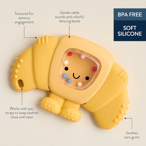 Image of Itzy Ritzy Silicone Rattle Teether- BPA-Free Silicone Teether with Rattle for Babies & Toddlers - Features a Gentle Rattle Sound, Colorful Beads & Multiple Textures (Croissant)