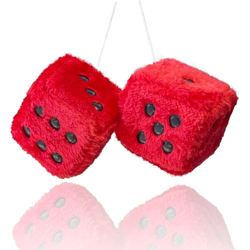 Fuzzy Plush Dice for Car Mirror Pair of Retro 3 Red Dice with Black Dots for Car Interior Hanging Ornament Decoration