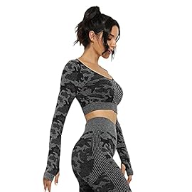 Women’s Seamless Camo Workout Sets 2 Piece, Yoga Leggings + Long Sleeve Crop Top