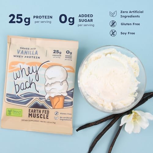Image of Earth Fed Muscle Whey Back Irish Grass Fed Whey Protein Isolate - Third-Party Certified, 25g Protein, Vanilla - Non-GMO, Hormone Free, Soy Free, Gluten Free - Single Serve Packet