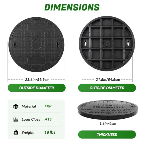 Image of TONGMO Round Manhole Cover, 23.6 in Diameter, FRP Solid Top, No Frame