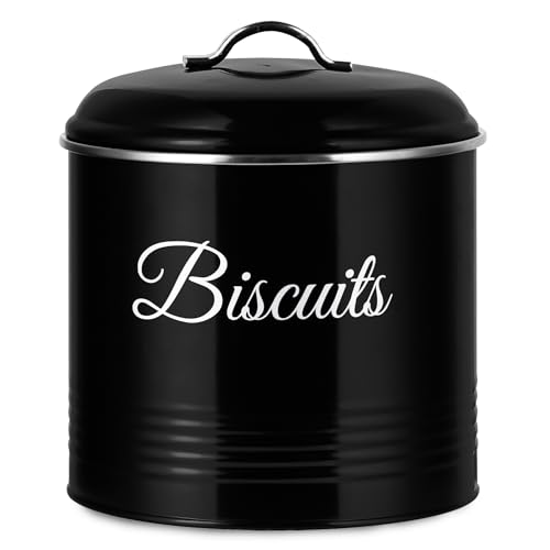 Innoteck Biscuit Tin - Airtight Metal Cookie Tin with Lid, Versatile Biscuit Storage Jar with 5.3L Capacity, Rust Resistant Cookie Jar with Labelled Design for Storing Snacks & Kitchen Use, Black