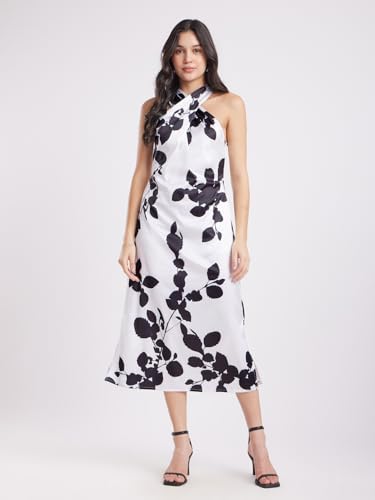 Image of FableStreet Women's Satin Floarl Print Halter Neck Dress | Perfect for Outings and Brunch