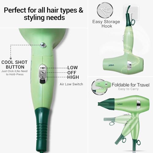 Image of VGR V-432 Foldable Hair Dryer for Women & Men, Overheating Protection Technology,2 Speed settings, Independent Cool Shot, Detachable Nozzles,1.8 m Cable 1000 Watts (Green)