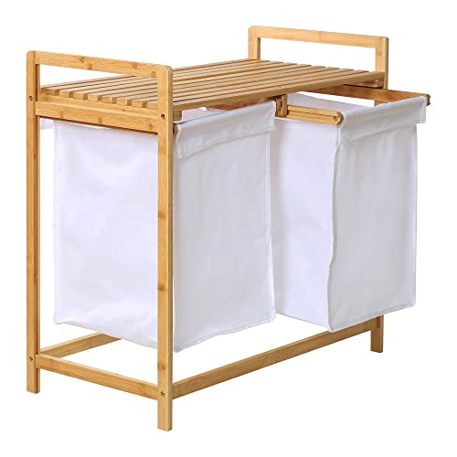 Edaygo Panier à linge en bambou, meuble à double compartiments coulissant et 2 corbeilles pour vêtements sales, étagère salle de bain, Rangement buanderie, 67 x 70 x 36,5 cm (H x l x P), Blanc