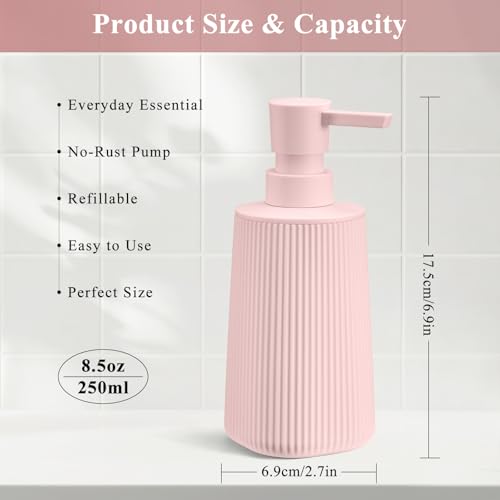 Image of Pink 2 Pack Hand Soap Dispensers Set with No Rust Pump for Bathroom Kitchen or Vanity Countertops Refillable Striped Matte Plastic 8.5 oz Cute Design for Girls Room Decor