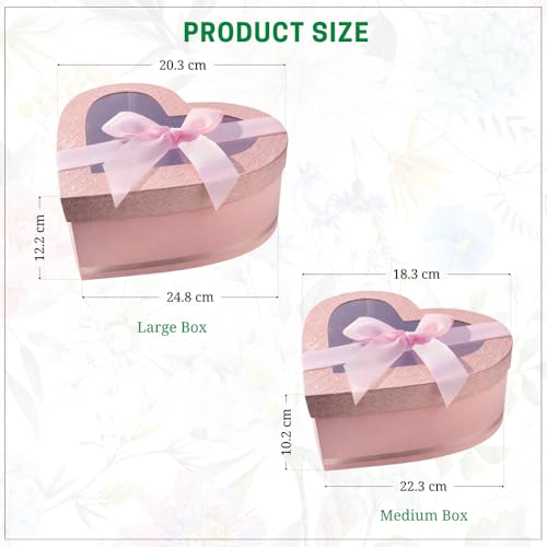 Image of Oasis Pack of 2 Heart Shaped Gift & Flower Hamper Boxes With Clear Lid & Satin Ribbon | Classic Bouquet Box for Flower Arrangements & Gift Hampers | Decorative Gift Packaging Box - Pink Blush Heart