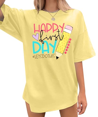 Happy First Day of School Shirt Woman Oversized Graphic Tee Back to School Shirts Teachers Gift Tee Tops