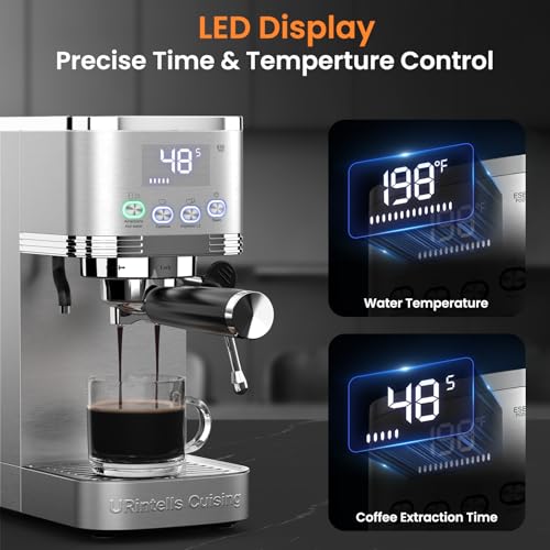 Image of URintells 20 Bar Espresso Machine, LED Display with Steam Milk Frother for Espresso with ESE Filter, Gift for Dad, Mum